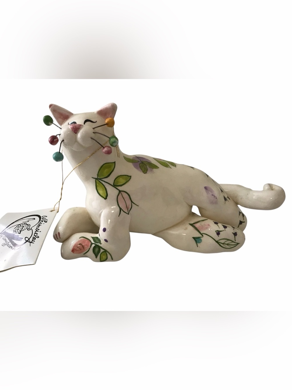 Ceramic Floral Cat Figurine - White with Pastel Accents. Amy Lacombe.